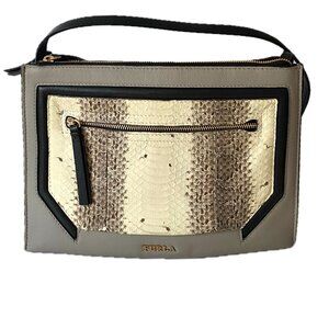 Furla Snakeskin Leather Crossbody Shoulder Bag Gray Cream Charcoal Zipper EUC